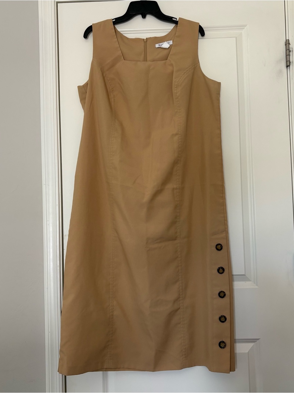 Roaman's Women’s Camel Sleeveless with Side Buttons Midi Dress